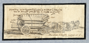 39519 Afbeelding van een kar met twee kleine met koper beslagen houten schuiten, getrokken door acht paarden.